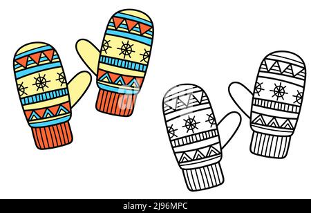 Abiti invernali a maglia, illustrazione vettoriale piatta. Guanti, guanto con motivo Illustrazione Vettoriale