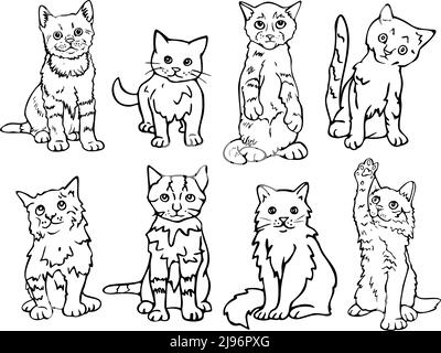 Illustrazione vettoriale con raccolta di gattini. Gatti bianchi e neri. Design per libro da colorare. Illustrazione Vettoriale