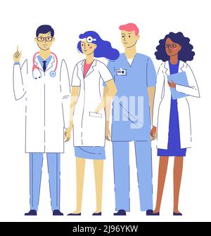 Medici praticanti giovane uomo e donna in piedi insieme. Consultazione e diagnosi. Illustrazione Vettoriale