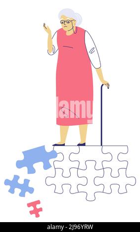 Donna anziana con pezzi di puzzle che cadono a parte. Malattia di Alzheimer . Simbolo di problema mentale, perdita di memoria. Illustrazione Vettoriale