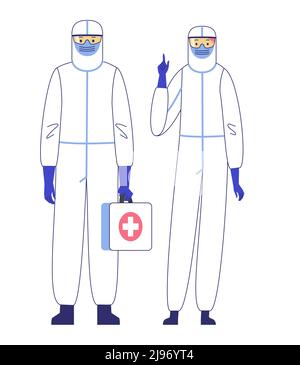 Professionisti medici che si trovano in piedi insieme in tute protettive contro i rischi virali. Illustrazione Vettoriale