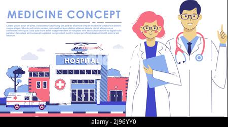 Gruppo di medici praticanti giovane uomo e donna in piedi insieme vicino alla clinica edificio . Illustrazione Vettoriale