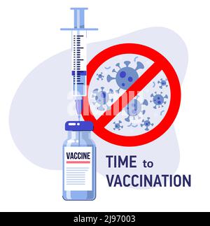 Siringa e flaconi di vaccino per la vaccinazione contro il virus 2019-ncov. Stop Corona virus segno. Illustrazione Vettoriale