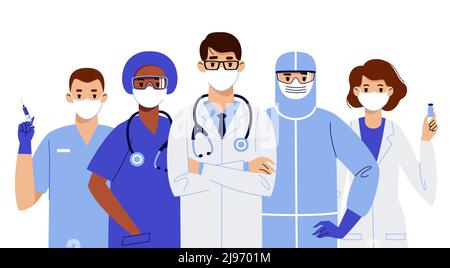 Giovani medici, infermieri e personale medico nella lotta contro il coronavirus. Vaccinazione e prevenzione delle pandemie. Illustrazione Vettoriale
