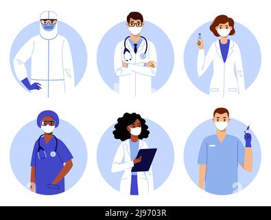 Gruppo di giovani medici, infermieri e personale medico nella lotta contro il coronavirus. Vaccinazione e prevenzione delle pandemie. Illustrazione Vettoriale