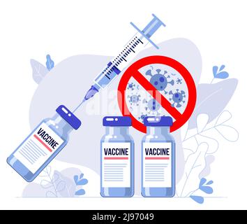 Siringa e flaconi di vaccino per la vaccinazione contro il virus 2019-ncov. Stop Corona virus segno. Illustrazione Vettoriale