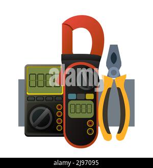 Attrezzi per elettricista. Riparazione di apparecchiature radio elettroniche e a microprocessore. Componenti di ricambio e assistenza. Isolato su sfondo bianco Illustrazione Vettoriale