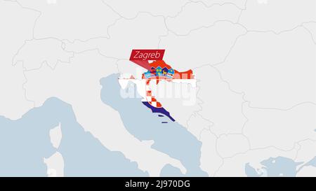 Croazia mappa evidenziata in Croazia bandiera colori e pin del paese capitale Zagabria, mappa con paesi europei vicini. Illustrazione Vettoriale