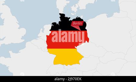 Mappa della Germania evidenziata in Germania i colori della bandiera e pin della capitale del paese Berlino, mappa con i paesi europei vicini. Illustrazione Vettoriale