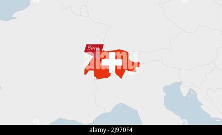 La mappa svizzera è evidenziata nei colori della bandiera svizzera e nella spilla della capitale del paese Berna, la mappa con i paesi europei vicini. Illustrazione Vettoriale