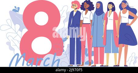 Gruppo di personaggi femminili di diversa etnia che si erodono insieme. Illustrazione Vettoriale