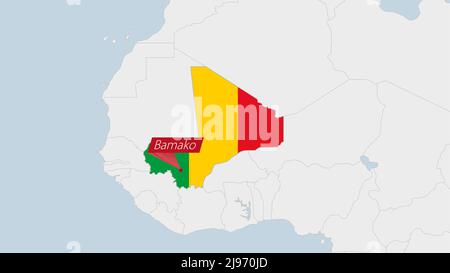 Mappa del Mali evidenziata nei colori della bandiera del Mali e pin della capitale del paese Bamako, mappa con i paesi africani vicini. Illustrazione Vettoriale