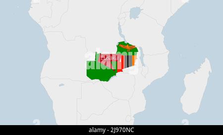 Mappa Zambia evidenziata in Zambia colori bandiera e pin della capitale Lusaka, mappa con i paesi africani vicini. Illustrazione Vettoriale