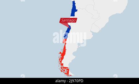 Mappa del Cile evidenziata in colori della bandiera del Cile e spilla della capitale del paese Santiago, mappa con paesi americani vicini. Illustrazione Vettoriale