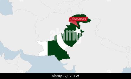 Mappa del Pakistan evidenziata nei colori della bandiera del Pakistan e perno della capitale del paese Islamabad, mappa con i paesi asiatici vicini. Illustrazione Vettoriale