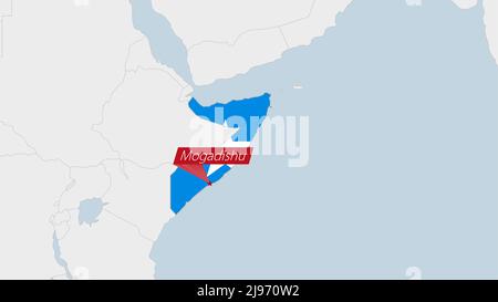 Mappa della Somalia evidenziata in colori della bandiera somala e spilla della capitale del paese Mogadiscio, mappa con i paesi africani vicini. Illustrazione Vettoriale
