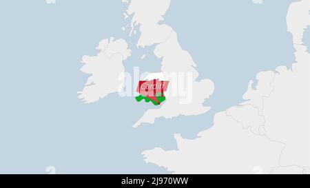 Mappa del Galles evidenziata nei colori della bandiera del Galles e pin della capitale del paese Cardiff, mappa con i paesi europei vicini. Illustrazione Vettoriale