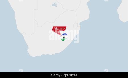 Mappa del Lesotho evidenziata nei colori della bandiera del Lesotho e pin del Maseru capitale del paese, mappa con i paesi africani vicini. Illustrazione Vettoriale