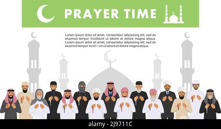 Il popolo islamico sta in piedi insieme con le perle nelle mani e prega. Mufti con quran. Silhouette di moschea e minareti. Illustrazione vettoriale. Illustrazione Vettoriale
