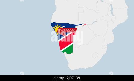 Mappa della Namibia evidenziata in colori della bandiera della Namibia e pin della capitale del paese Windhoek, mappa con i paesi africani vicini. Illustrazione Vettoriale