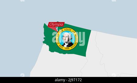 MAPPA dello Stato DEGLI STATI UNITI Washington evidenziata nei colori della bandiera di Washington e pin della capitale del paese Olimpia, mappa con gli stati vicini. Illustrazione Vettoriale