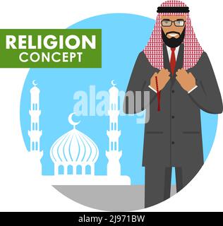 L'uomo islamico con le perle in mano prega. Persona musulmana in piedi sullo sfondo silhouette di moschea e minareti. Illustrazione vettoriale. Illustrazione Vettoriale