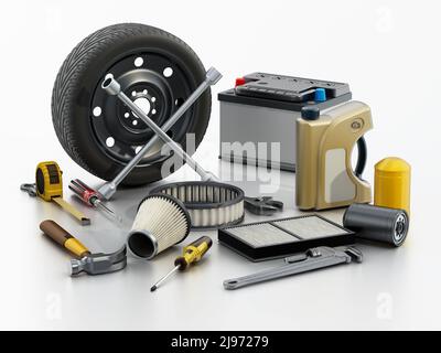 Pezzi di ricambio auto isolati su sfondo bianco. 3D illustrazione. Foto Stock
