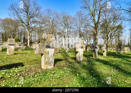 Wiesloch, Germania - marzo 2022: Lapidi a croce nel cimitero per le persone che sono morte nel centro psichiatrico chiamato 'Psychiatrischen Zentrums Nordba Foto Stock