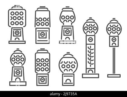 Set di icone linea macchina Gumball. Distributore automatico retrò per caramelle e bubblegumi. Illustrazione del vettore di slot dei dolci isolato su sfondo bianco Illustrazione Vettoriale