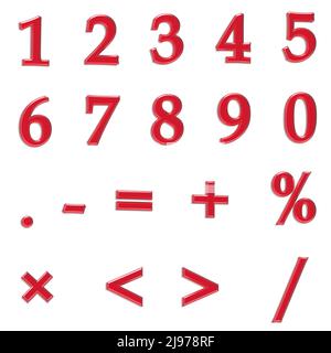 Lettere numeriche con il simbolo della percentuale, più, meno, uguale e un simbolo a punti - illustrazione 3D Foto Stock