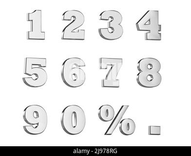 Lettere numeriche con il simbolo della percentuale e un punto di colore argento - illustrazione 3D Foto Stock