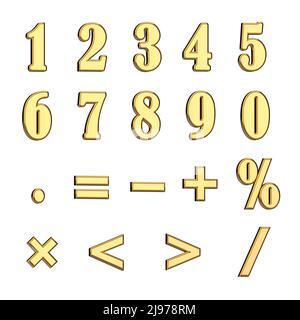 Lettere numeriche con il simbolo della percentuale, più, meno, uguale e un simbolo a punti - illustrazione 3D Foto Stock