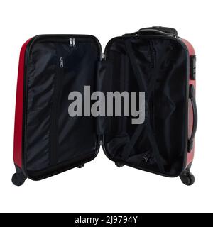 Valigia aperta vuota isolata su sfondo bianco Foto Stock