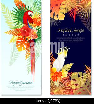 Pappagalli tropicali realistici banner verticali con composizioni di colori uccelli e foglie con illustrazione vettoriale di testo modificabile Illustrazione Vettoriale