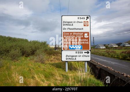 Un cartello stradale sulla penisola di Dingle in due lingue, irlandese (gaelico) e inglese. La zona è bilingue e fa parte del Gaeltacht. Foto Stock