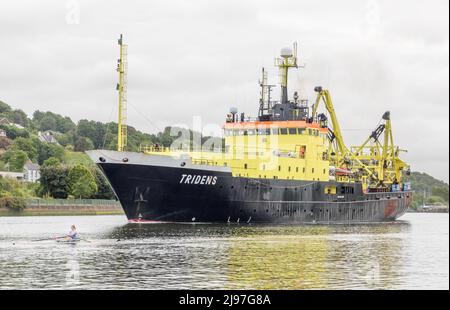 The Marina, Cork, Irlanda. 21st maggio 2022. Un vogatore sul fiume Lee di mattina presto come la nave di ricerca della pesca Tridens fa la sua strada sul canale fino a un ormeggio su Horgan's Quay, Cork, Irlanda. - Credit; David Creedon / Alamy Live News Foto Stock