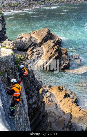 Bakio, Spagna - 3 maggio 2022: Tecnici di accesso alla fune e operai edili riparano le storiche pareti in pietra e il ponte sulla costa basca spagnola Foto Stock