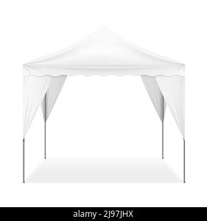 Tenda da esterno pieghevole e realistica di forma quadrata con pali in metallo isolato su sfondo bianco immagine vettoriale 3d Illustrazione Vettoriale