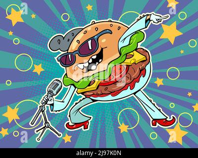 Fast food Burger canta sul palco, cantante d'artista. Musica e cibo Illustrazione Vettoriale