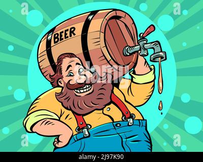 Un uomo con un barile di legno di birra. Bevanda alcolica. Tradizione bavarese tedesca Illustrazione Vettoriale
