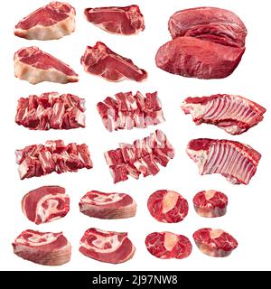 Collage di pezzi isolati di carne di manzo crudo Foto Stock