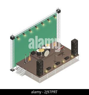 Costruzione a traliccio di palcoscenico per le performance di strada con amplificatori audio chitarre elettriche e strumenti a percussione illustrazione vettoriale isometrica Illustrazione Vettoriale