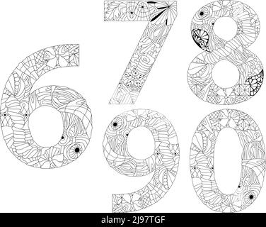 Design artistico dipinto a mano. Illustrazione disegnata a mano per la decorazione. Numero zero, sei, sette, otto, nove oggetti zentangle per la colorazione. Illustrazione Vettoriale