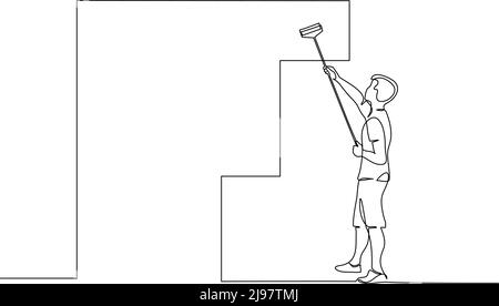 Uomo che dipinge il muro usando il bastone del rullo. Disegno continuo su una linea. Illustrazione vettoriale isolata su sfondo bianco Illustrazione Vettoriale