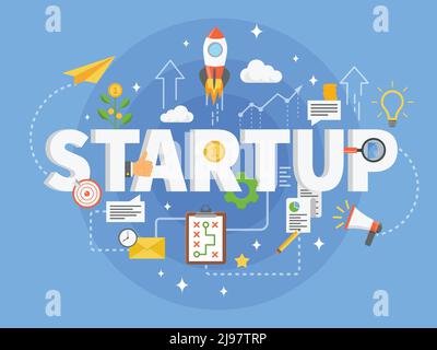 Composizione di sviluppo di startup con idea di business, ricerca, investimento, promozione, accordo, operazione riuscita sull'illustrazione vettoriale su sfondo blu Illustrazione Vettoriale