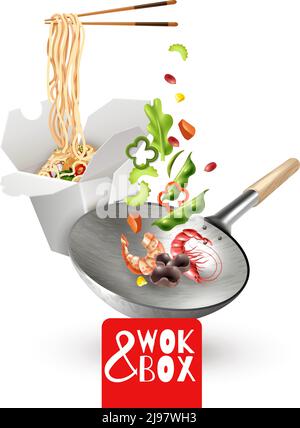 Tagliatelle cinesi realistiche in scatola di cartone, wok con ingredienti volanti tra cui verdure, gamberi, funghi illustrazione vettoriale Illustrazione Vettoriale