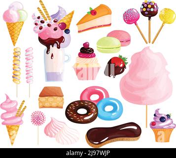 Dolci dolci dolci alla moda confezione colorata icone collezione con ciambelle eclairs torte lollies macarons cupcakes isolato vettore illustrazione Illustrazione Vettoriale