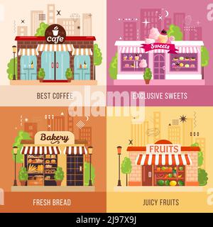 Negozi facciate 2x2 design concept set di esclusivi dolci freschi pane frutta succosa e caffè migliore icone quadrate illustrazione vettoriale Illustrazione Vettoriale