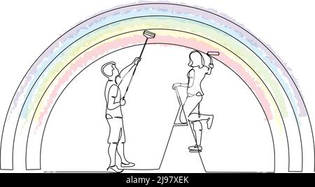 Coppia uomo e donna che dipinge l'arcobaleno con bastone a rullo. Disegno continuo su una linea. Illustrazione vettoriale isolata su sfondo bianco Illustrazione Vettoriale