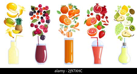 Composizione isolata colorata con cinque icone e ricette di illustrazione vettoriale smoothie Illustrazione Vettoriale